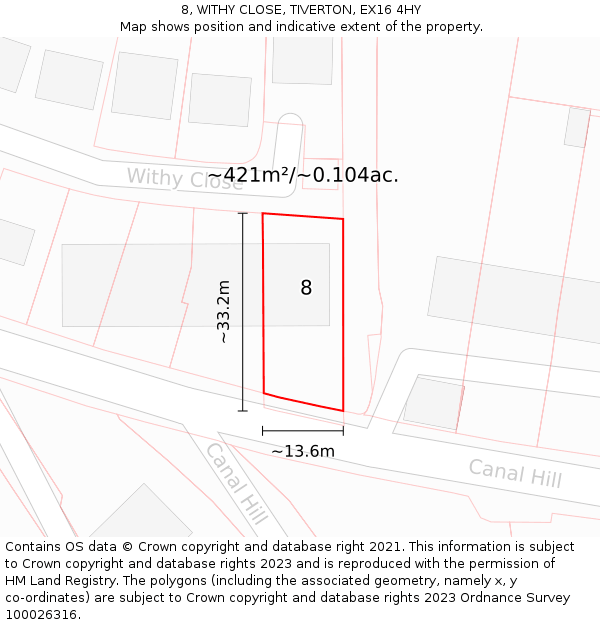 8, WITHY CLOSE, TIVERTON, EX16 4HY: Plot and title map