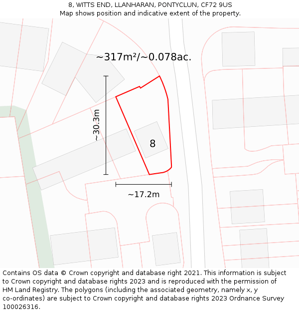 8, WITTS END, LLANHARAN, PONTYCLUN, CF72 9US: Plot and title map