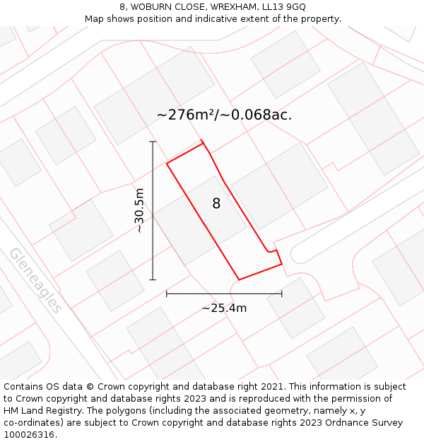 8, WOBURN CLOSE, WREXHAM, LL13 9GQ: Plot and title map