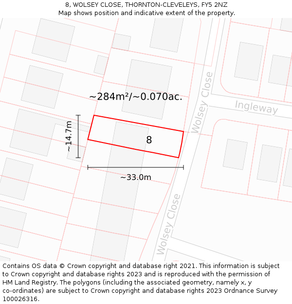 8, WOLSEY CLOSE, THORNTON-CLEVELEYS, FY5 2NZ: Plot and title map
