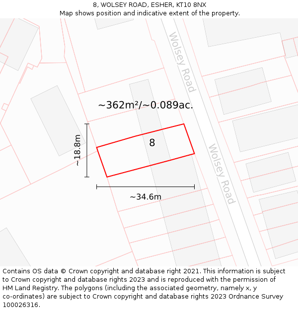 8, WOLSEY ROAD, ESHER, KT10 8NX: Plot and title map