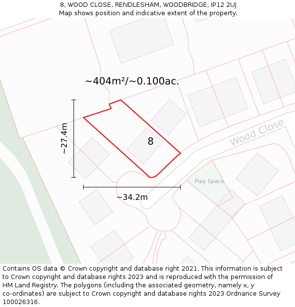 8, WOOD CLOSE, RENDLESHAM, WOODBRIDGE, IP12 2UJ: Plot and title map