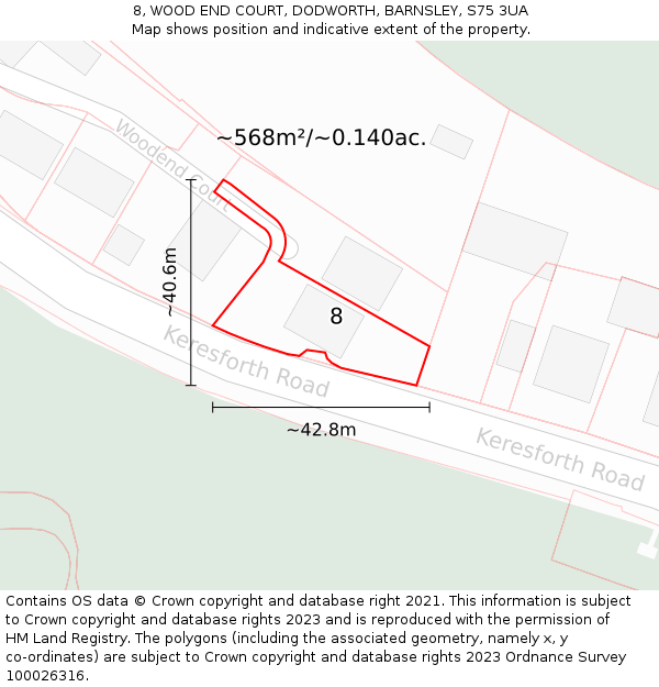 8, WOOD END COURT, DODWORTH, BARNSLEY, S75 3UA: Plot and title map