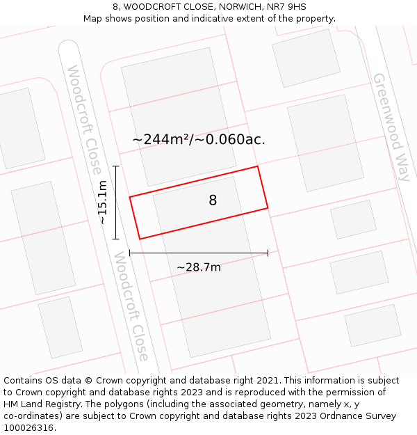8, WOODCROFT CLOSE, NORWICH, NR7 9HS: Plot and title map