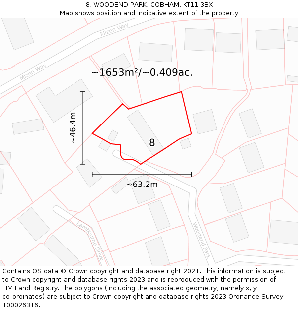8, WOODEND PARK, COBHAM, KT11 3BX: Plot and title map