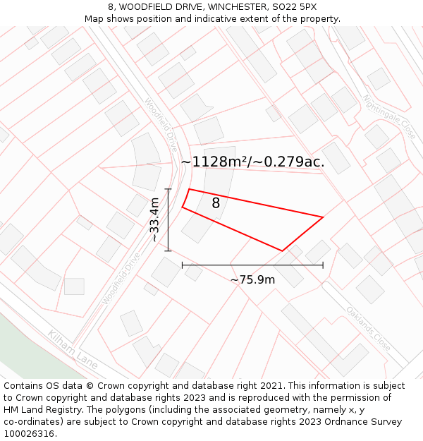 8, WOODFIELD DRIVE, WINCHESTER, SO22 5PX: Plot and title map