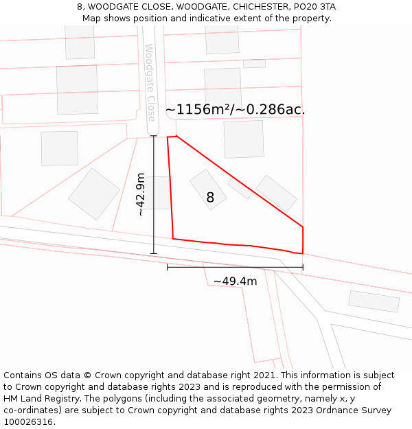 8, WOODGATE CLOSE, WOODGATE, CHICHESTER, PO20 3TA: Plot and title map