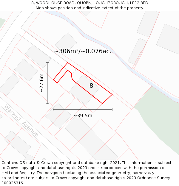 8, WOODHOUSE ROAD, QUORN, LOUGHBOROUGH, LE12 8ED: Plot and title map