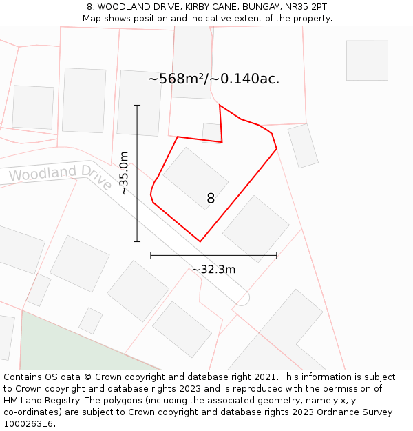 8, WOODLAND DRIVE, KIRBY CANE, BUNGAY, NR35 2PT: Plot and title map