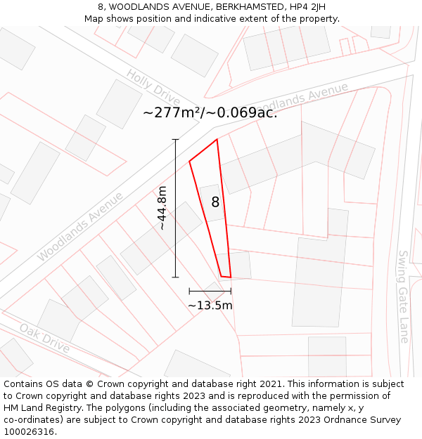8, WOODLANDS AVENUE, BERKHAMSTED, HP4 2JH: Plot and title map