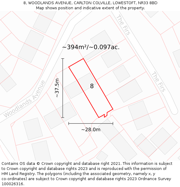 8, WOODLANDS AVENUE, CARLTON COLVILLE, LOWESTOFT, NR33 8BD: Plot and title map