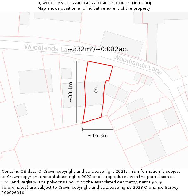 8, WOODLANDS LANE, GREAT OAKLEY, CORBY, NN18 8HJ: Plot and title map