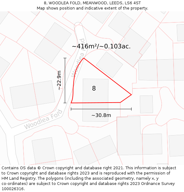 8, WOODLEA FOLD, MEANWOOD, LEEDS, LS6 4ST: Plot and title map