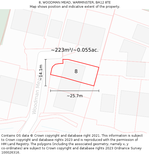 8, WOODMAN MEAD, WARMINSTER, BA12 8TE: Plot and title map