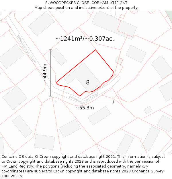 8, WOODPECKER CLOSE, COBHAM, KT11 2NT: Plot and title map