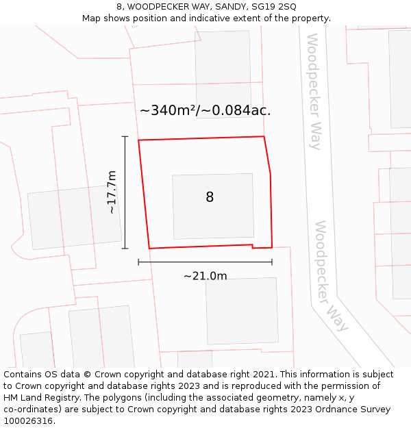 8, WOODPECKER WAY, SANDY, SG19 2SQ: Plot and title map