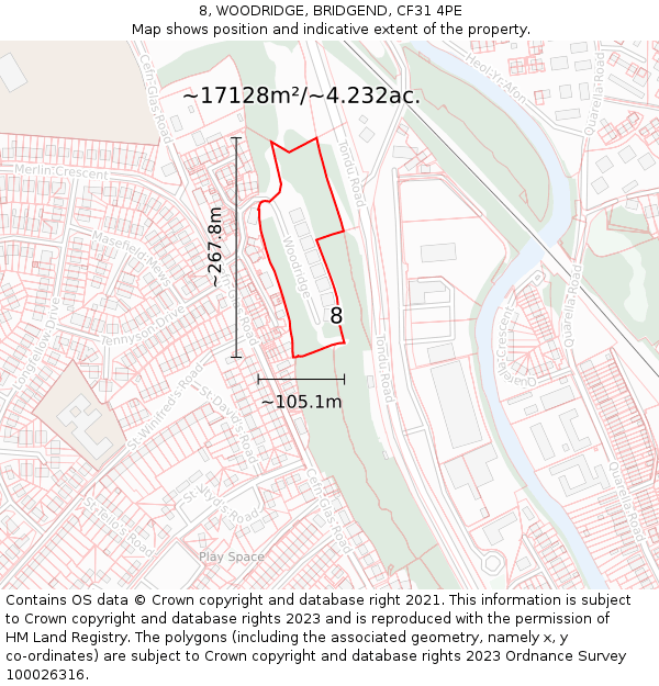 8, WOODRIDGE, BRIDGEND, CF31 4PE: Plot and title map