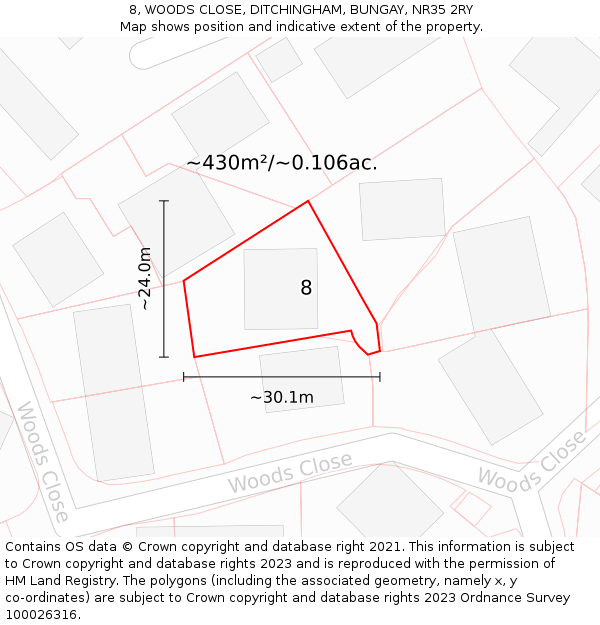 8, WOODS CLOSE, DITCHINGHAM, BUNGAY, NR35 2RY: Plot and title map