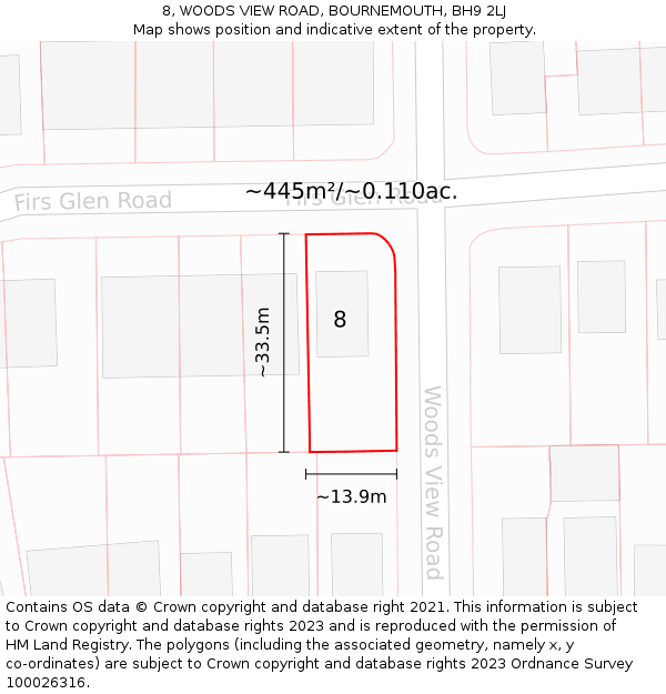 8, WOODS VIEW ROAD, BOURNEMOUTH, BH9 2LJ: Plot and title map