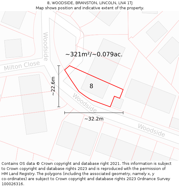 8, WOODSIDE, BRANSTON, LINCOLN, LN4 1TJ: Plot and title map