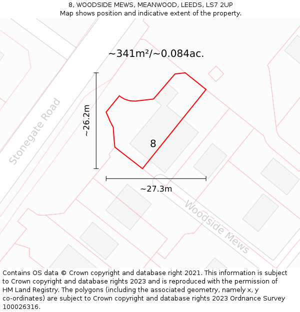 8, WOODSIDE MEWS, MEANWOOD, LEEDS, LS7 2UP: Plot and title map