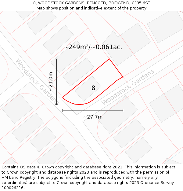 8, WOODSTOCK GARDENS, PENCOED, BRIDGEND, CF35 6ST: Plot and title map
