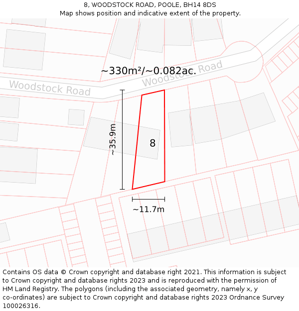 8, WOODSTOCK ROAD, POOLE, BH14 8DS: Plot and title map