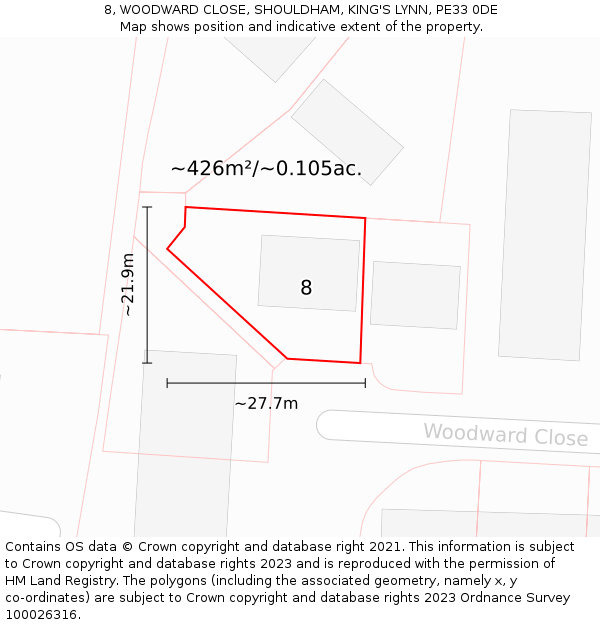 8, WOODWARD CLOSE, SHOULDHAM, KING'S LYNN, PE33 0DE: Plot and title map