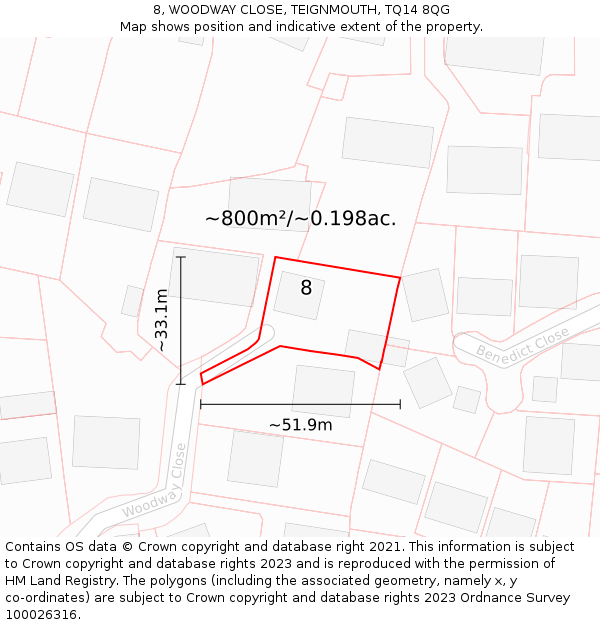 8, WOODWAY CLOSE, TEIGNMOUTH, TQ14 8QG: Plot and title map