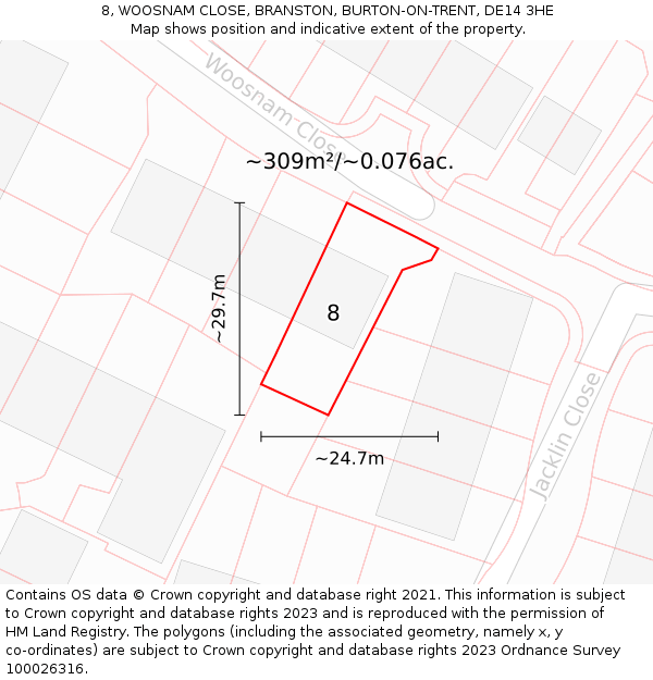 8, WOOSNAM CLOSE, BRANSTON, BURTON-ON-TRENT, DE14 3HE: Plot and title map