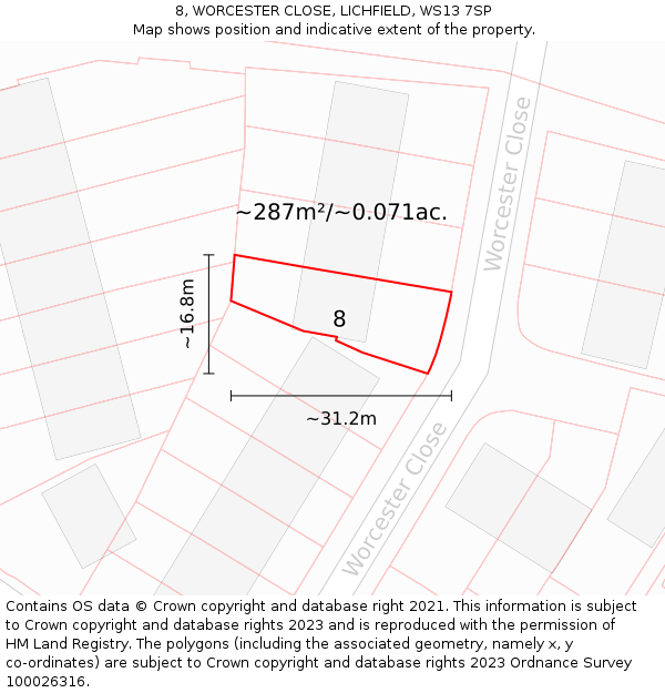 8, WORCESTER CLOSE, LICHFIELD, WS13 7SP: Plot and title map