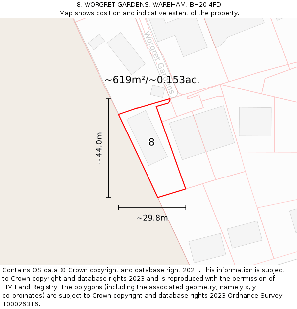8, WORGRET GARDENS, WAREHAM, BH20 4FD: Plot and title map