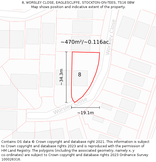8, WORSLEY CLOSE, EAGLESCLIFFE, STOCKTON-ON-TEES, TS16 0BW: Plot and title map