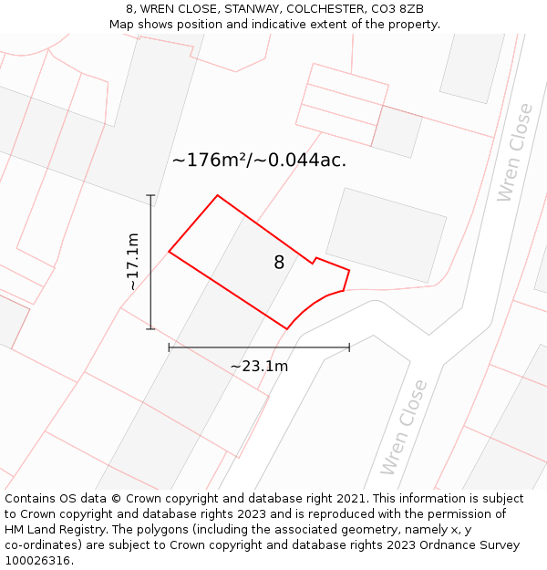 8, WREN CLOSE, STANWAY, COLCHESTER, CO3 8ZB: Plot and title map