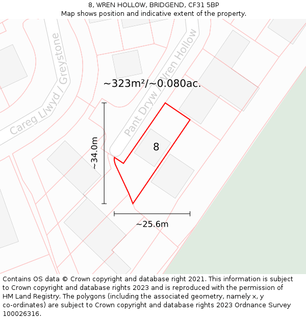 8, WREN HOLLOW, BRIDGEND, CF31 5BP: Plot and title map