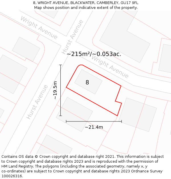 8, WRIGHT AVENUE, BLACKWATER, CAMBERLEY, GU17 9FL: Plot and title map