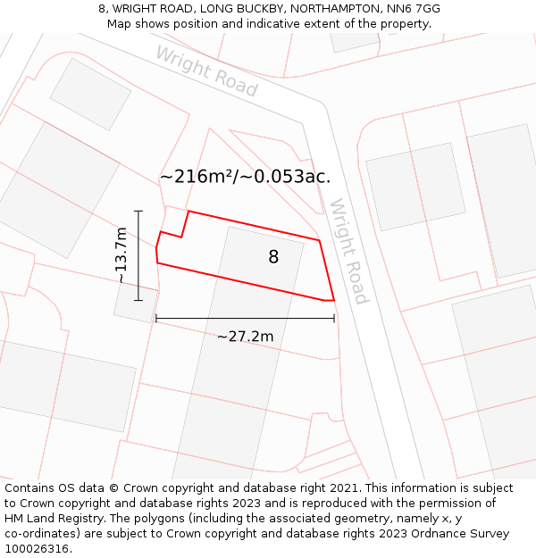 8, WRIGHT ROAD, LONG BUCKBY, NORTHAMPTON, NN6 7GG: Plot and title map