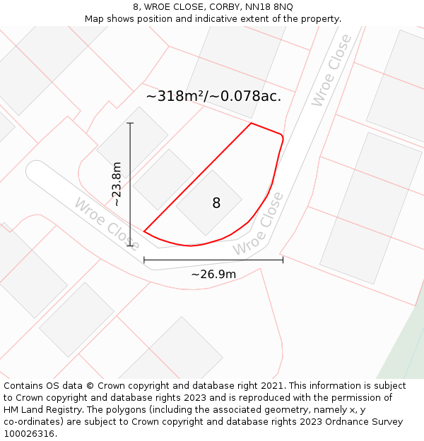 8, WROE CLOSE, CORBY, NN18 8NQ: Plot and title map