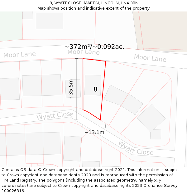 8, WYATT CLOSE, MARTIN, LINCOLN, LN4 3RN: Plot and title map