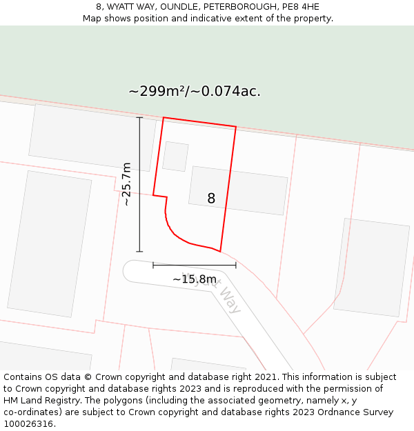 8, WYATT WAY, OUNDLE, PETERBOROUGH, PE8 4HE: Plot and title map