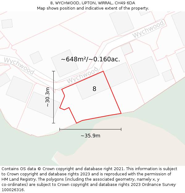8, WYCHWOOD, UPTON, WIRRAL, CH49 6DA: Plot and title map