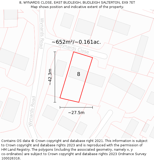 8, WYNARDS CLOSE, EAST BUDLEIGH, BUDLEIGH SALTERTON, EX9 7ET: Plot and title map