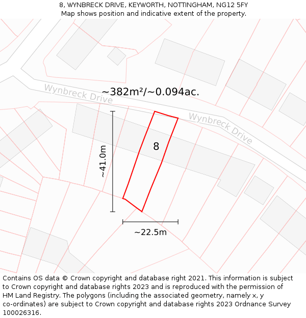 8, WYNBRECK DRIVE, KEYWORTH, NOTTINGHAM, NG12 5FY: Plot and title map