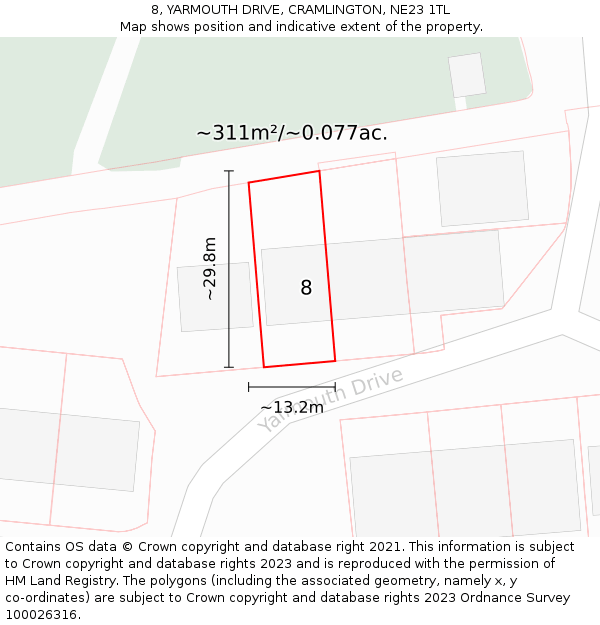 8, YARMOUTH DRIVE, CRAMLINGTON, NE23 1TL: Plot and title map