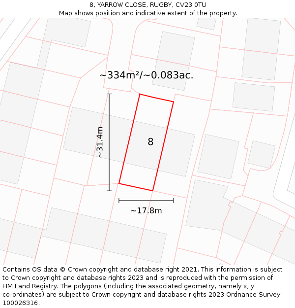 8, YARROW CLOSE, RUGBY, CV23 0TU: Plot and title map