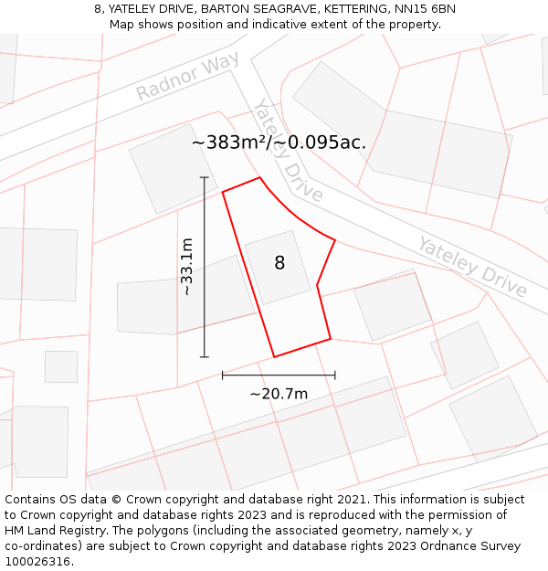 8, YATELEY DRIVE, BARTON SEAGRAVE, KETTERING, NN15 6BN: Plot and title map