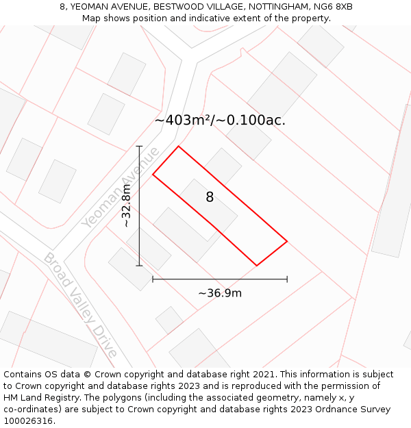 8, YEOMAN AVENUE, BESTWOOD VILLAGE, NOTTINGHAM, NG6 8XB: Plot and title map