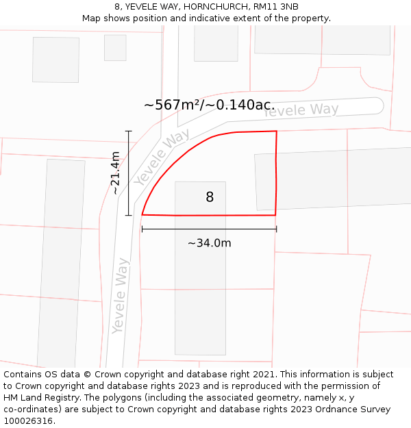 8, YEVELE WAY, HORNCHURCH, RM11 3NB: Plot and title map