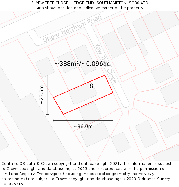 8, YEW TREE CLOSE, HEDGE END, SOUTHAMPTON, SO30 4ED: Plot and title map