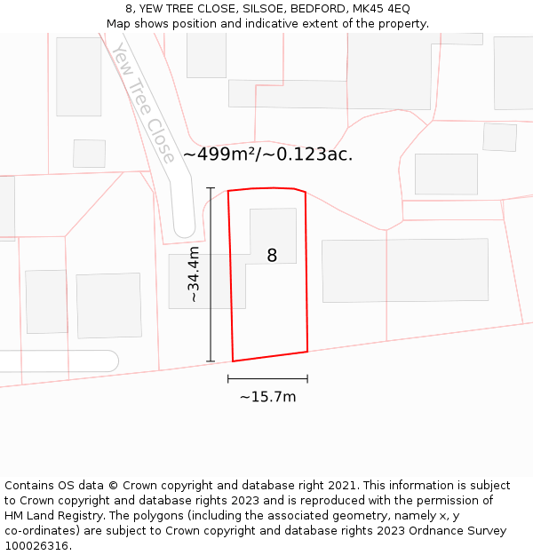 8, YEW TREE CLOSE, SILSOE, BEDFORD, MK45 4EQ: Plot and title map